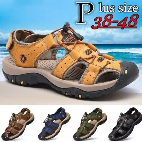 Mens Leather Sandals Summer Casual Beach Shoes Closed Toe Walking Hiking Shoes