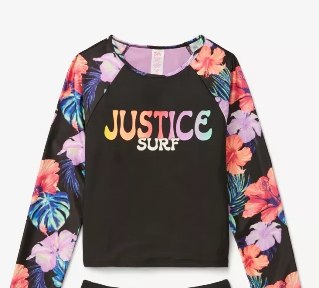 NWT! JUSTICE Retro Surf Rash Guard Girls Long Sleeve Pullover UPF 50+ Size XL