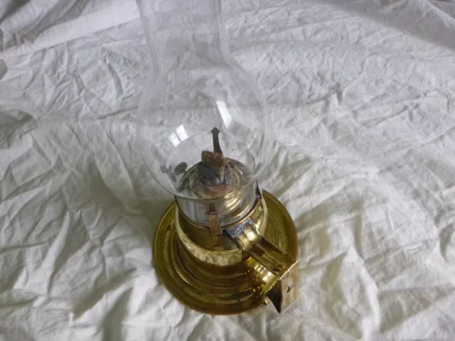 Vintage Brass Wall oil lamp with burner & wick and Clear glass chimney.