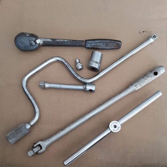 Vintage Wizard Hand Tool Lot Breaker Bar, Spinner, T Handle, Ratchet, Sockets