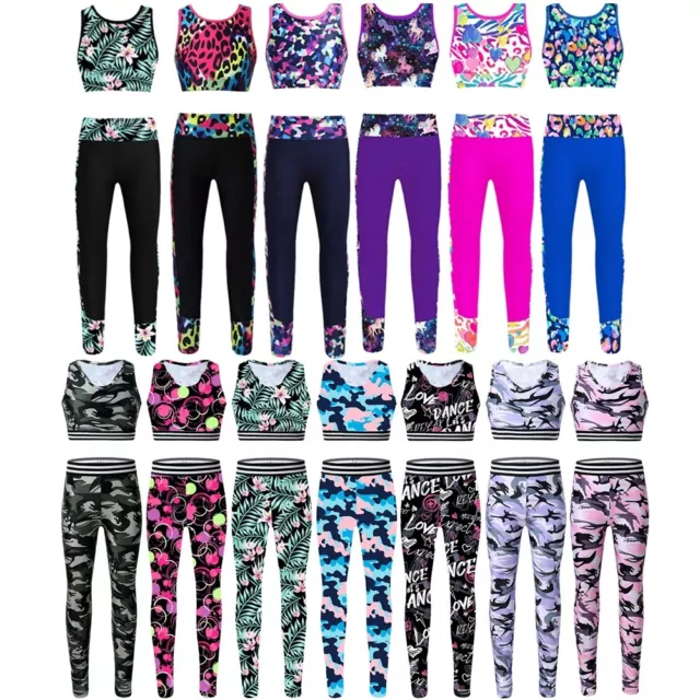 Girls Athletic Crop Top with Leggings 2 Pieces Dance Sports Outfit Tracksuit Set