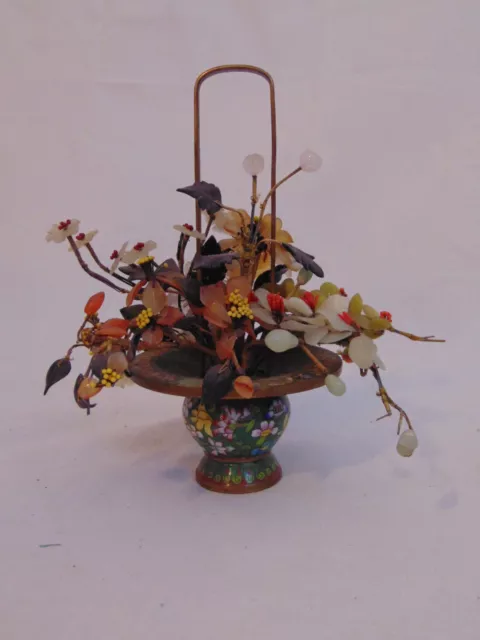 Vintage Chinese Cloisonne and Carved Stone Coral Jade Flower Basket Bouquet