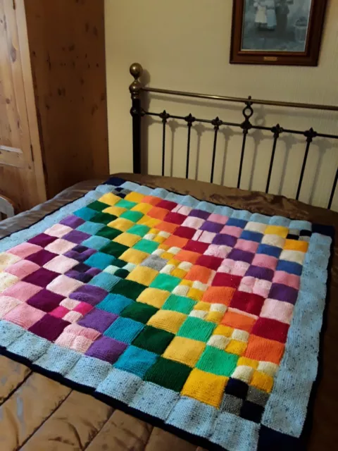 Hand Knitted Patchwork Blanket Or Rug. 41 Inch Square. Brand New