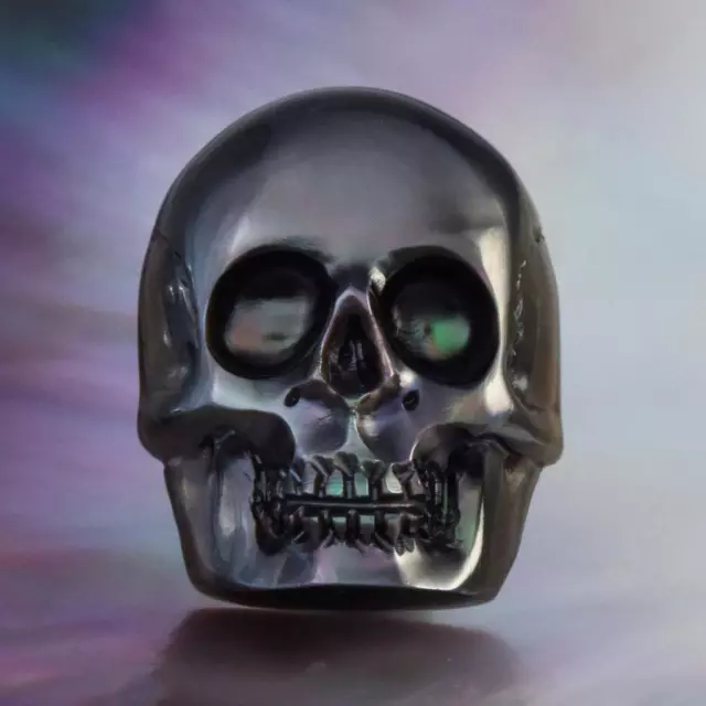 Skull Design Carving Cabochon Black Pen Pinna Shell & Paua Abalone 3.49 g