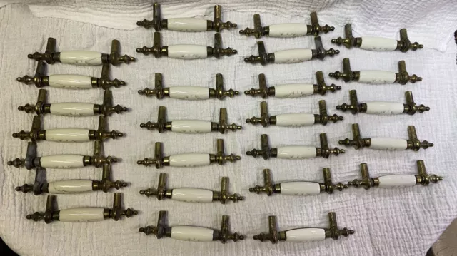 Cabinet Drawer Handle Pulls Porcelain White Brass with Flowers Lot of 26
