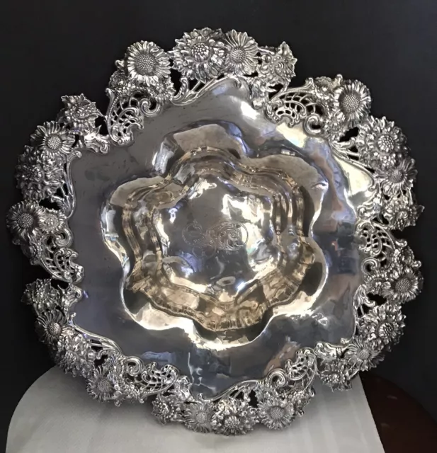 Dominick & Haff Sterling Silver Fruit Bowl Reticulated Scroll Flowers Panels