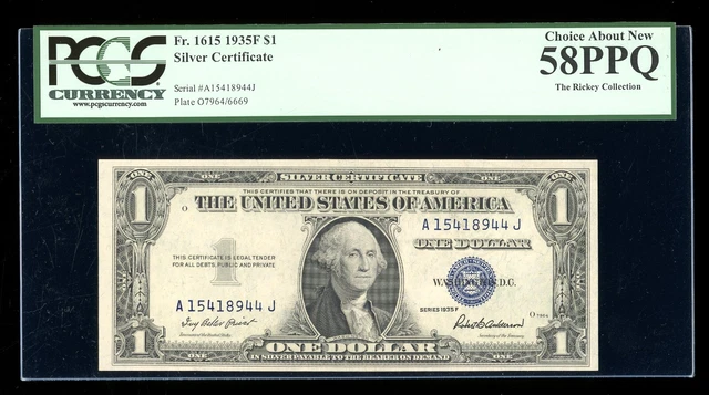 DBR $1 1935-F Silver Fr. 1615 AJ Block PCGS 58 PPQ Serial A15418944J