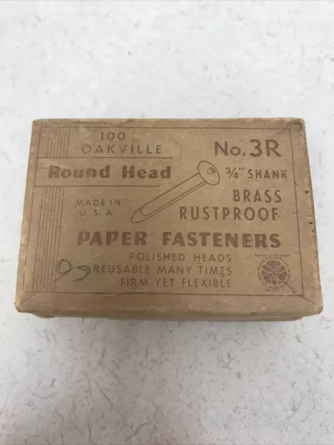 Vintage Box Of Brass Paper Fasteners Oakville No. 3R 3/4” Shank Stationery