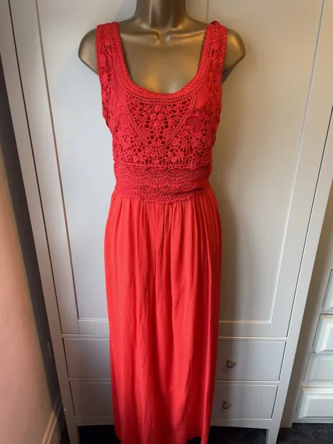 ROMAN Poppy Red Broderie Lace Lined Maxi Dress - Size 10