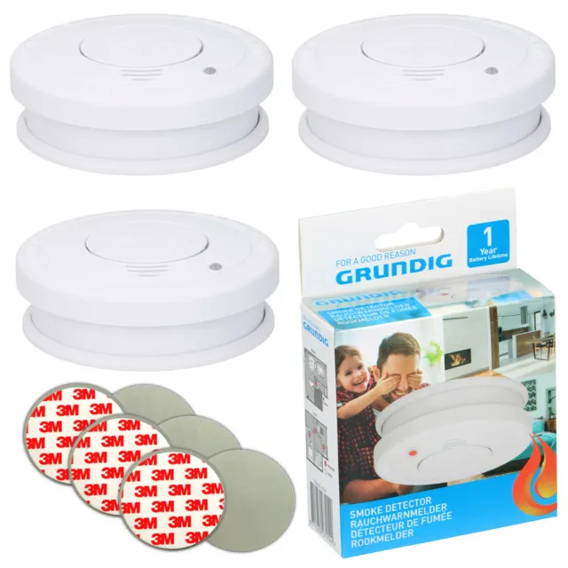 3x GRUNDIG Rauchmelder 85 dB Inkl. 9V Batterie + 3M Klebepad Set Feuermelder