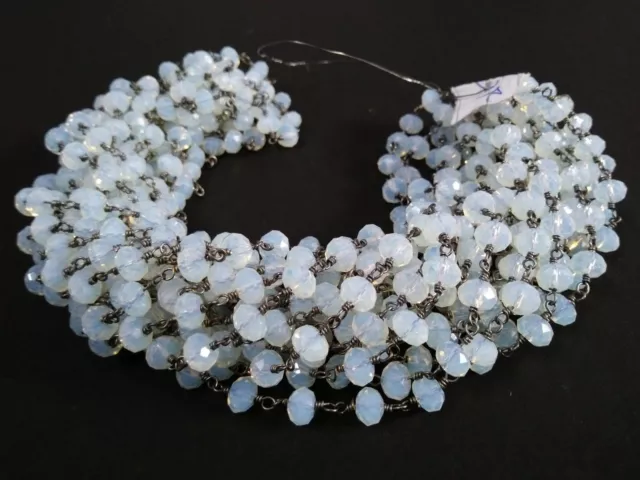 10 Feet Opalite Quartz Rondelle Faceted 6mm Beads, Rosary Chain Black Wire