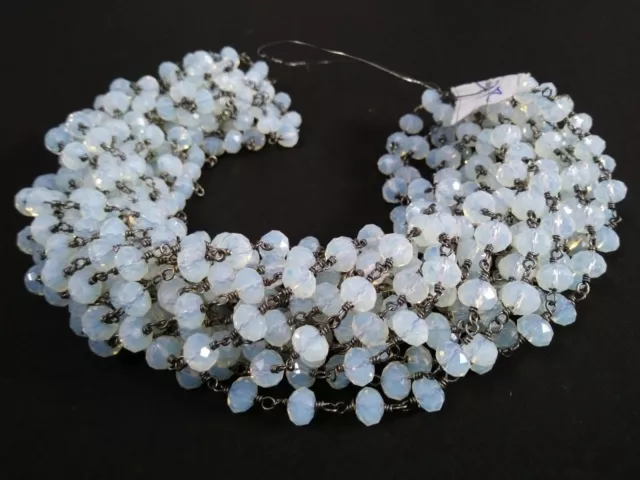 120"inch Opalite Quartz Rondelle Faceted 3-4mm Beads, Black Wire Rosary Chain