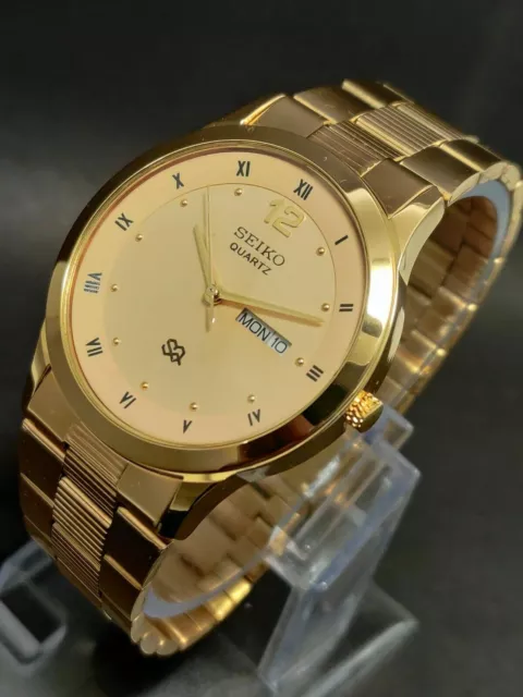SEIKO QUARTZ MENS Gold Plated Japanese Wrist Watch/Golden Dial Battery  Installed £ - PicClick UK