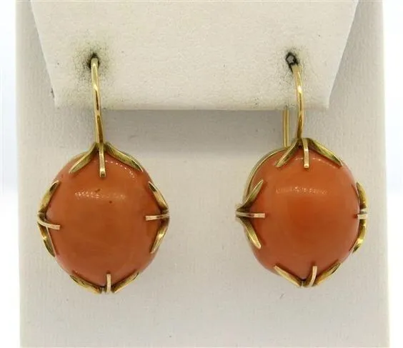 Antique Victorian Orange Coral Dangle Earring 14k Yellow Gold Over Coral Earring