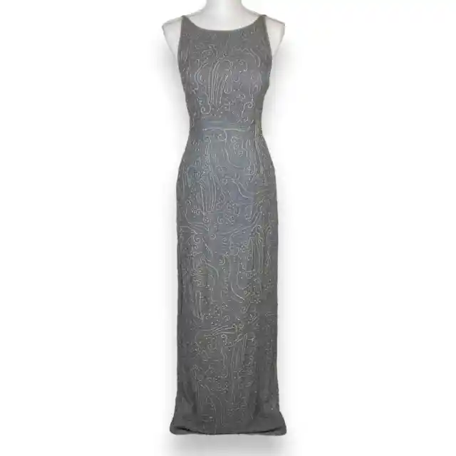 Vintage Scala Formal Beaded Gown Women's Size Small Gray 100% Silk 90's Fashion
