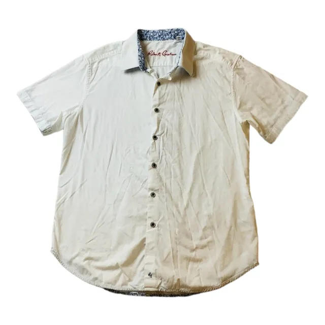 Robert Graham Mens White Button Up Shirt Short Sleeve Size L Floral Collar