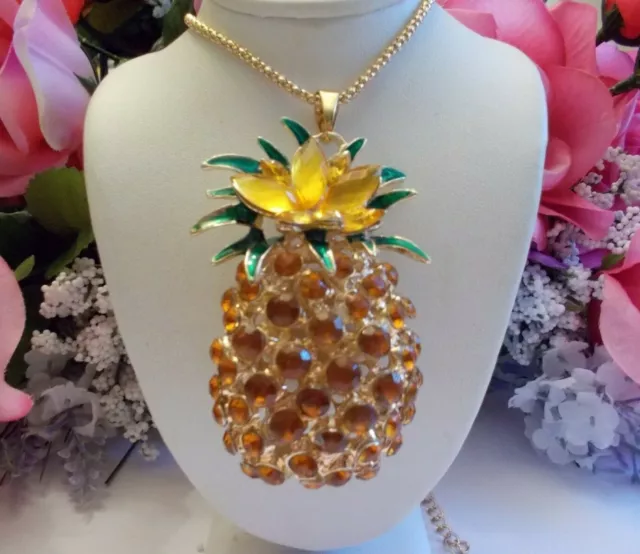 Betsey Johnson Sparkling Large Golden Yellow Pineapple Crystal Pendant Necklace