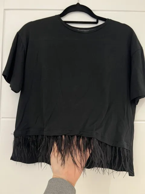 Zara Top Cotton T-shirt With Feathers Black Size S H&M