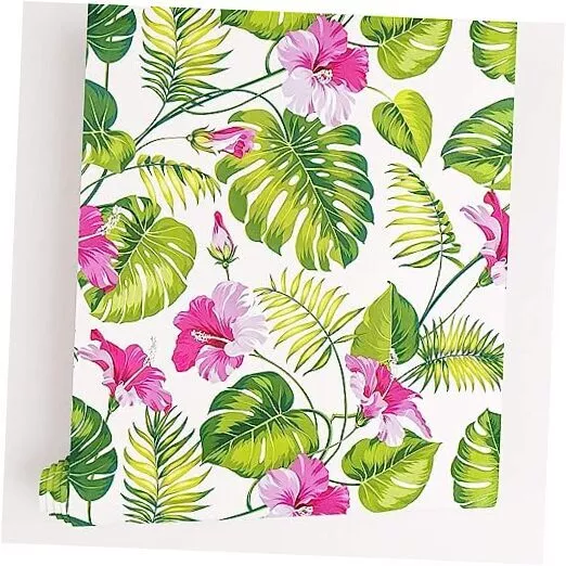 LACHEERY Green Leaf Wallpaper Peel and Stick for Bedroom 17.7"x276" Green/Pink
