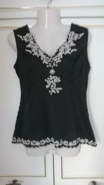 Next Black Silky Feel Embroidered Sleevless Top Size 10 Vgc