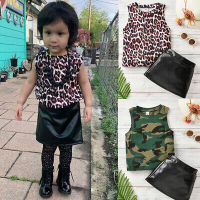 2Pcs Toddler Baby Girls Kids Sleeveless Tops+PU Leather Skirt Dress Outfits Set