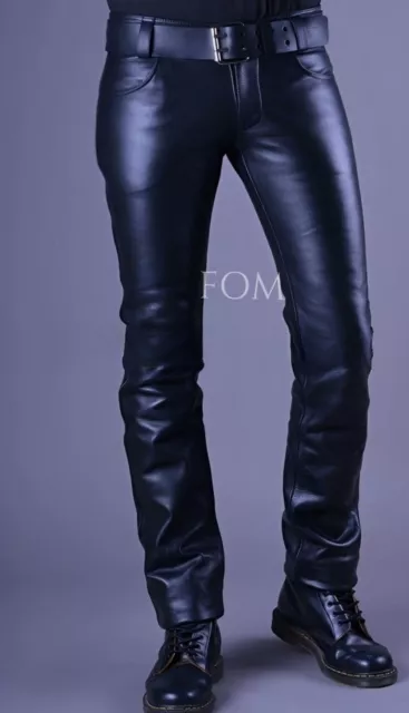 Mens Real Leather Pants Punk Kink Jeans BLUF Men Trousers Gay Pant Uniform Cuir