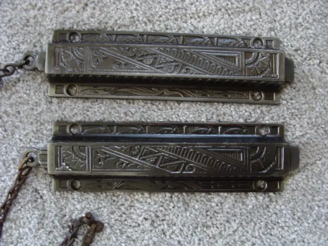 PAIR Victorian Eastlake Spring Loaded Slide Bolt Cast Iron Surface Door Latches