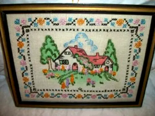 ART DECO 1920s CROSS STITCH EMBROIDERY LINEN PICTURE TINTED COTTAGE GARDEN