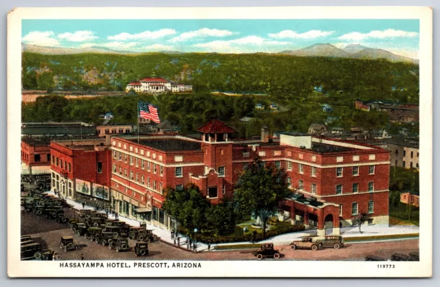 Prescott Arizona~Hassayampa Hotel Aerial View~Main Street~1920s Postcard