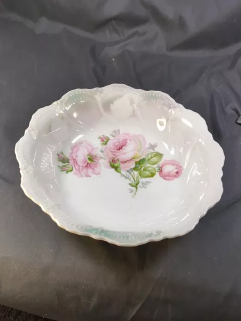 Antique Vintage Leuchtenburg Germany Serving Bowl Pink Roses Hand Painted #10