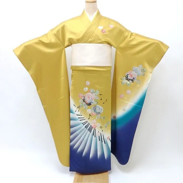 Furisode Kimono Robe L Size Silk Wedding Dress Vintage Green Floral F/S