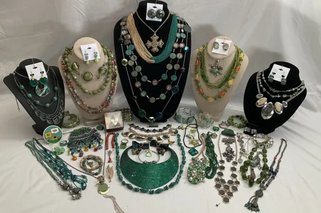 Vtg To Now Jade Green Costume Jewelry Lot Necklace Bracelet Earrings Etc.