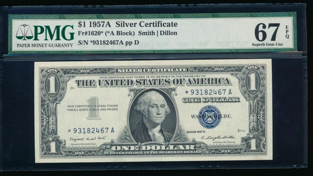 AC 1957A $1 Silver Certificate *star* PMG 67 EPQ *-A block Fr 1620* SUPERB GEM+