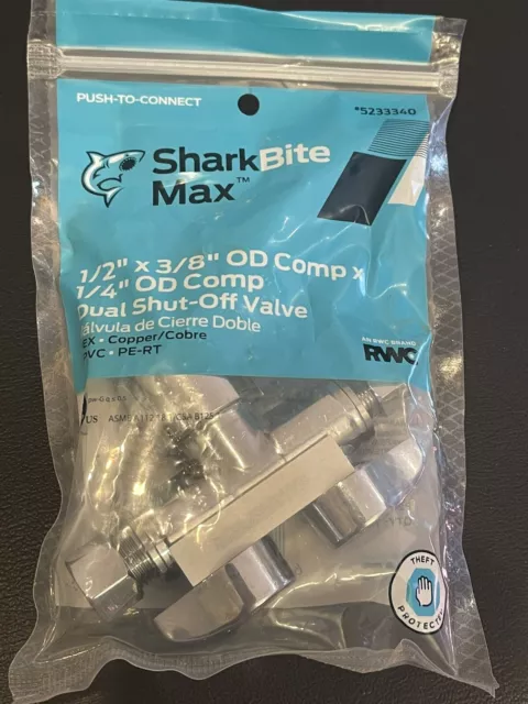 Shark Bite 1/2” X 3/8” OD Comp X 1/4” OD Comp Dual Shut Off Valve