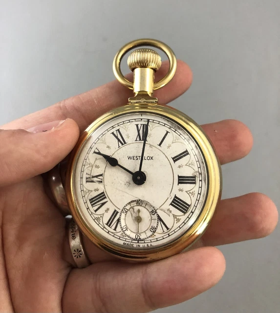 VINTAGE WESTCLOX ENGRAVED Train Pocket Watch Gold Tone