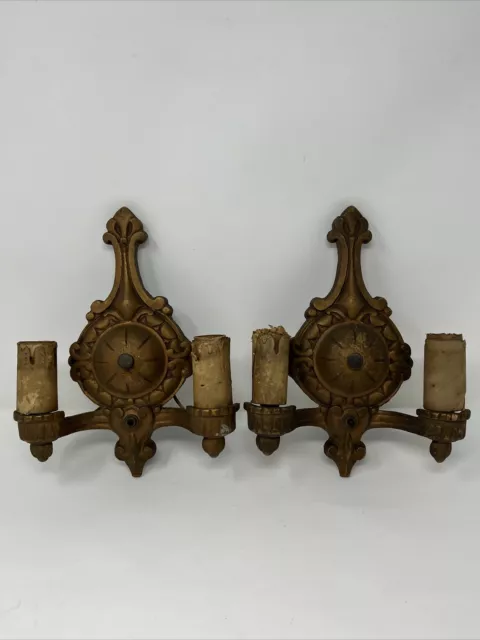 Pair Art Deco Cast Iron Ornate Double Arm Wall Sconces NICE!