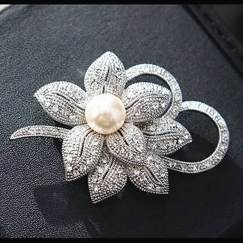 Vintage Silver Flower BROOCH Pin Wedding Crystal Rhinestone Bridal Pearl Broach 2
