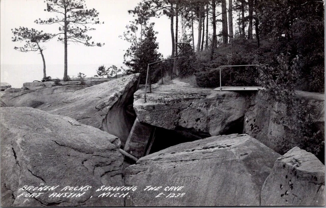 Broken Rocks Showing the Cave, PORT AUSTIN, Michigan Real Photo Postcard