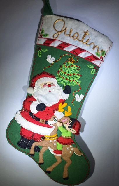 Vintage Christmas Stocking Bucilla Finished Felt Handmade Santa Elf Reindeer