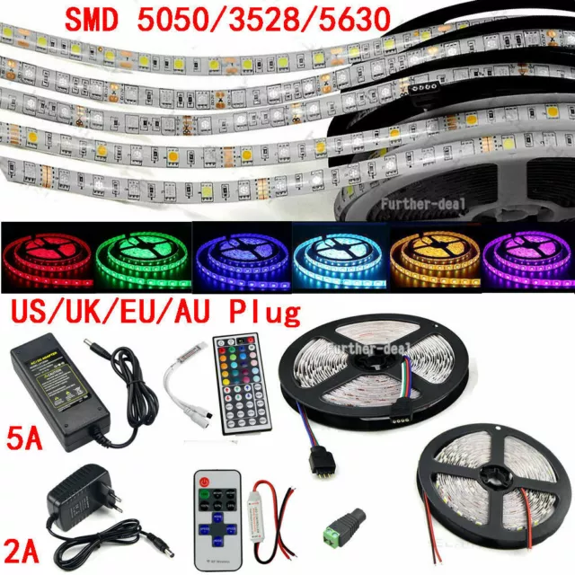 5M 300 LED Strip Light SMD 3528 5050 5630 RGB/White Flexible+Remote+Power Supply