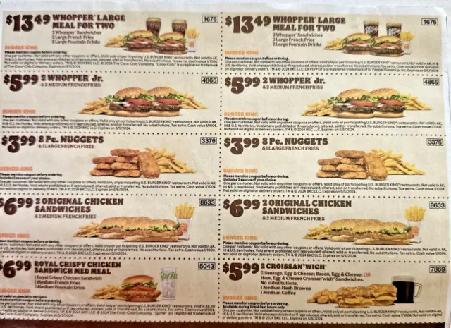 **4 SHEETS** ~ BURGER KING COUPONS BK Whopper Fast Food Restaurant NEW ~ 5/5/24 3