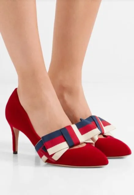 Authentic Gucci Red Stripe Bow Velvet Pumps Size 37 6 Women High Heels Pumps