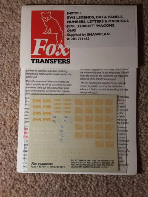 Unused 4mm Scale Fox Transfers F4979/11 Details for EWS Turbot Wagons