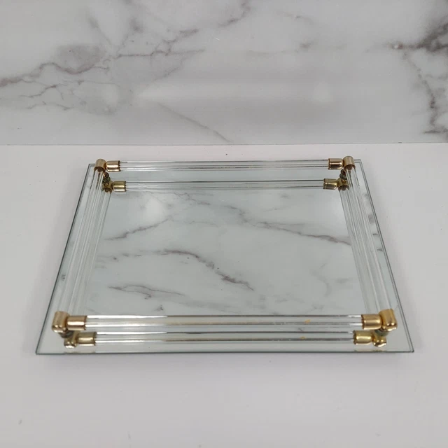 GLASS RAIL VANITY Mirror Boudoir Perfume Tray Hollywood Mid Century