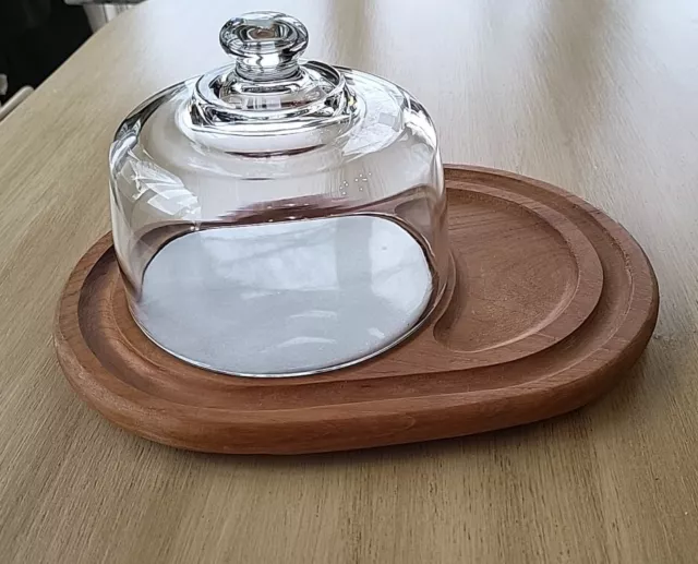 Vintage MCM Danish Modern Goodwood Teak Marble Cheese & Cracker Tray Domed Lid