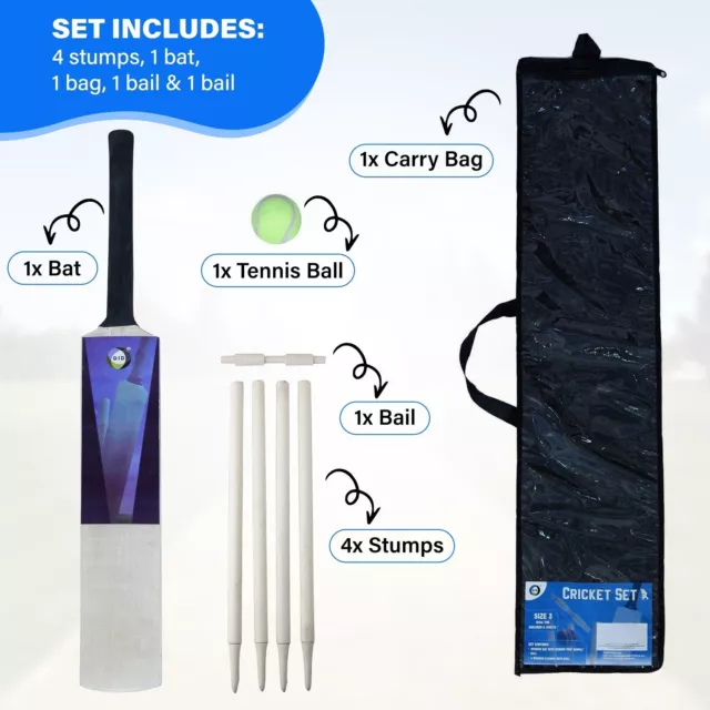 Junior Cricket Set 7pc Size 3 Bat with Mesh Carry Bag Stumps Ball Outdoor Play