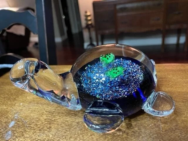 Hand Blown Art Glass Paperweight Blue Turquoise Turtle with Babies on Back.