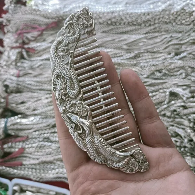 Exquisite Old Chinese tibet silver handmade Dragon phoenix comb statue