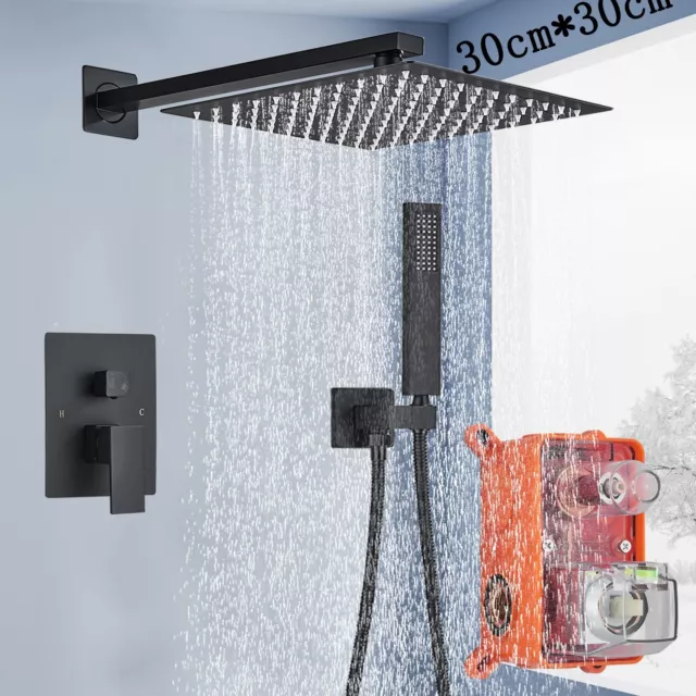 Concealed Shower Mixer Set Black System Tap 12'' Square Shower Head Wall Mounted