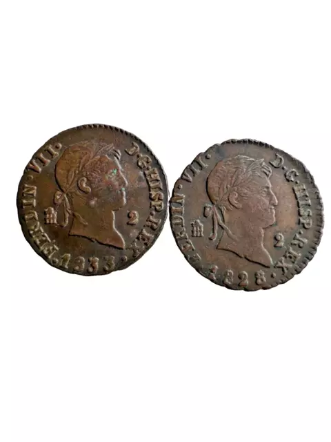 Fernando VII. Lote de 2 monedas de 2 Maravedís  1828 y 1833 Segovia  en EBC-